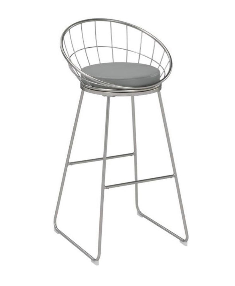 Banco curvo metálico, asiento en imitación piel gris